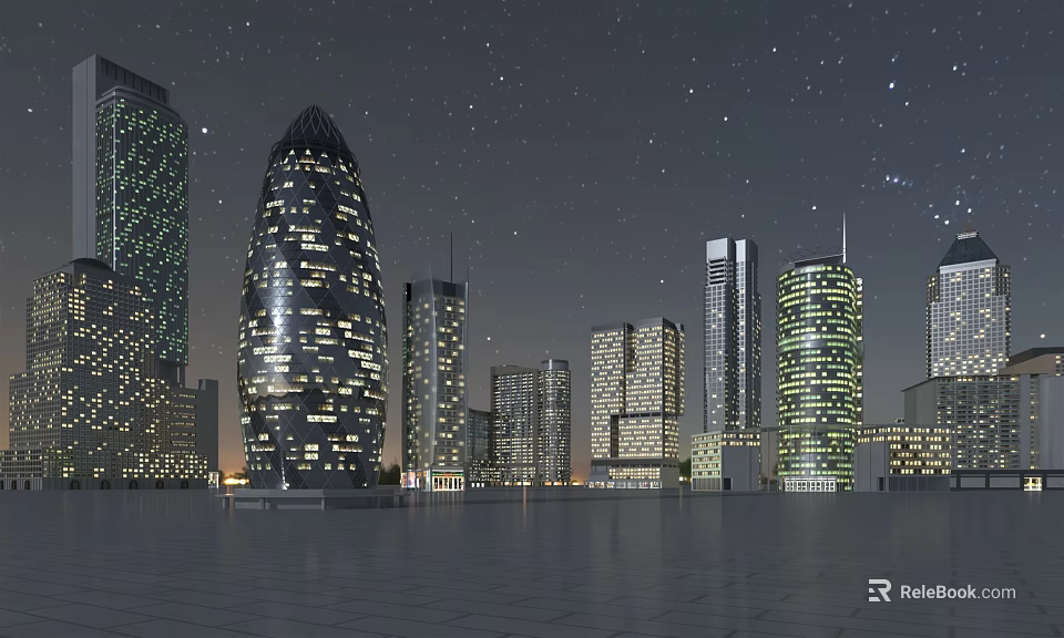 Illuminated Modern Cityscape With Tall Skyscrapers And Starry Night Sky 3d model 