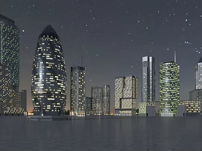 Illuminated Modern Cityscape With Tall Skyscrapers And Starry Night Sky 3d model