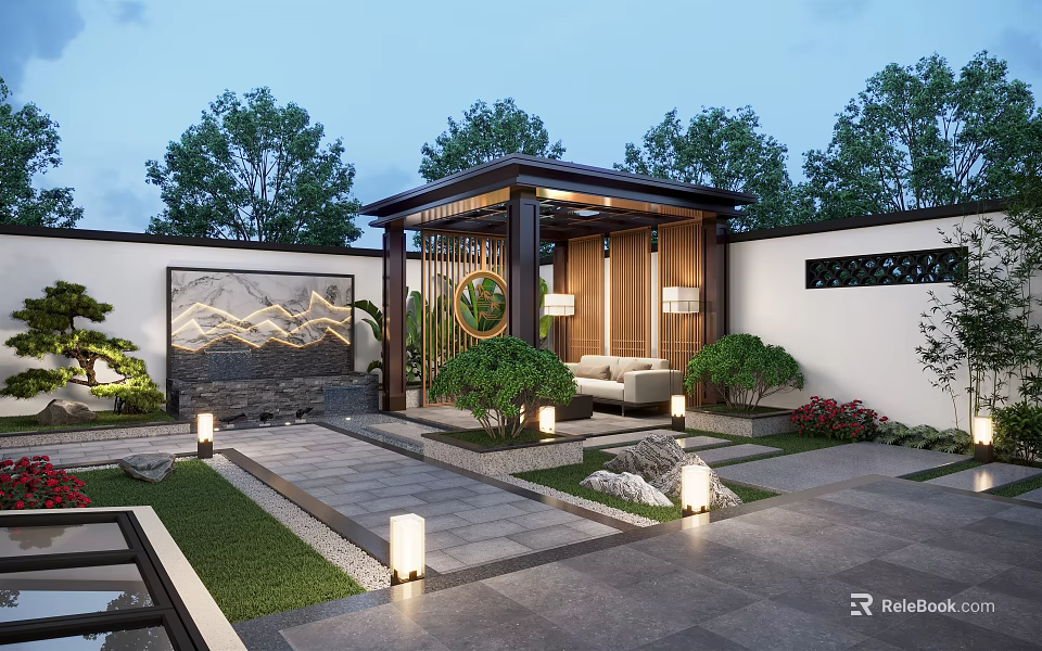 Modern Chinese Garden Landscape With Wooden Pavilion Landscape Screen Stone Paved Path Plants And Lighting 3d model 