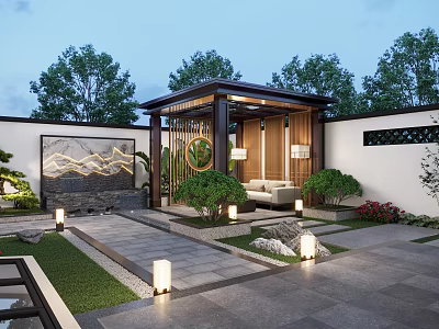 Modern Chinese Garden Landscape With Wooden Pavilion Landscape Screen Stone Paved Path Plants And Lighting 3d model