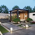 Modern Chinese Garden Landscape With Wooden Pavilion Landscape Screen Stone Paved Path Plants And Lighting