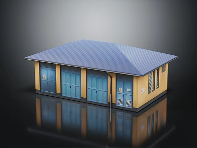 Small Utility Building With Blue Roof Yellow Walls Multiple Blue Doors And Windows With Reflection 3d model