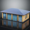 Small Utility Building With Blue Roof Yellow Walls Multiple Blue Doors And Windows With Reflection