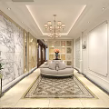 Luxurious Hallway Interior With Chandelier Floral Wallpaper Beige Sofa Marble Walls And Geometric Carpet