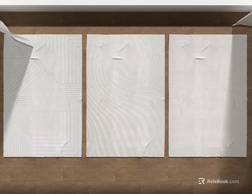 Three White Square Rugs With Different Woven Patterns On Wooden Floor 3d model