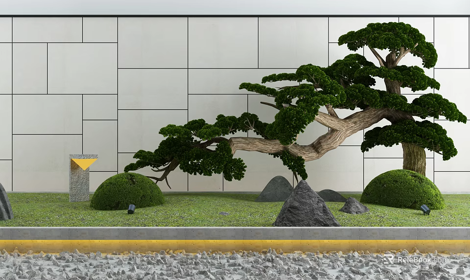 Garden Accent Design Featuring Shaped Pine Tree Gray Stone Wall Trimmed Shrubs Rocks And Gravel 3d model 