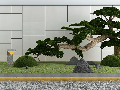 Garden Accent Design Featuring Shaped Pine Tree Gray Stone Wall Trimmed Shrubs Rocks And Gravel 3d model