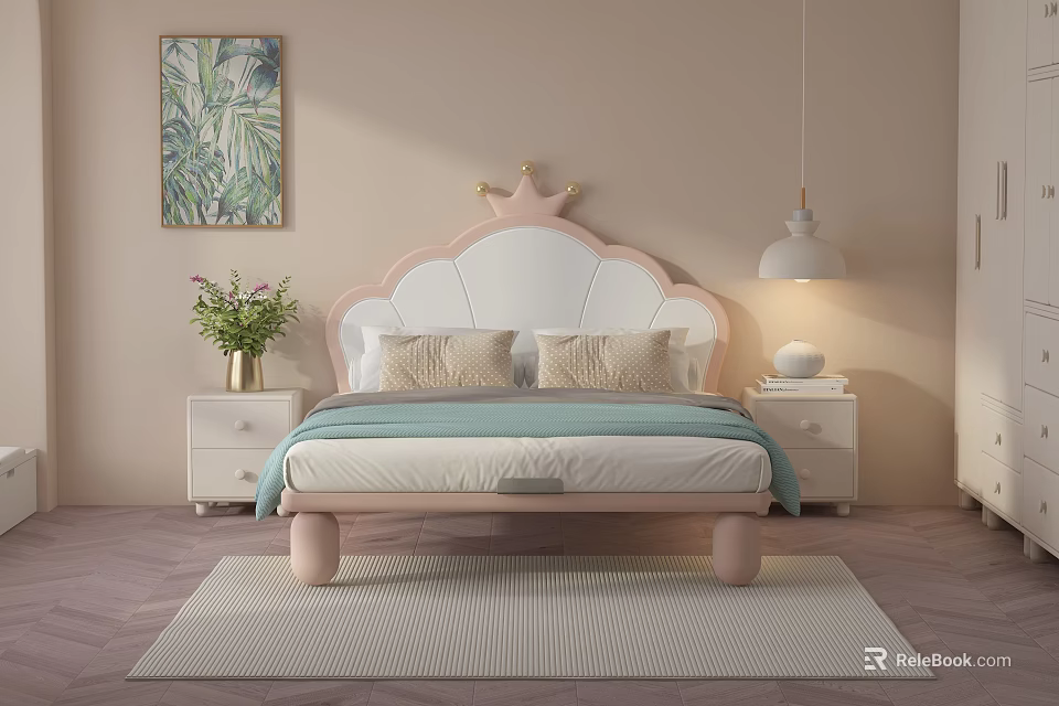 Cute Pink and White Kids Bed with Crown Headboard Nightstands Lamp and Plant Painting 3d model 