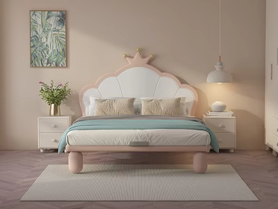 Cute Pink and White Kids Bed with Crown Headboard Nightstands Lamp and Plant Painting 3d model