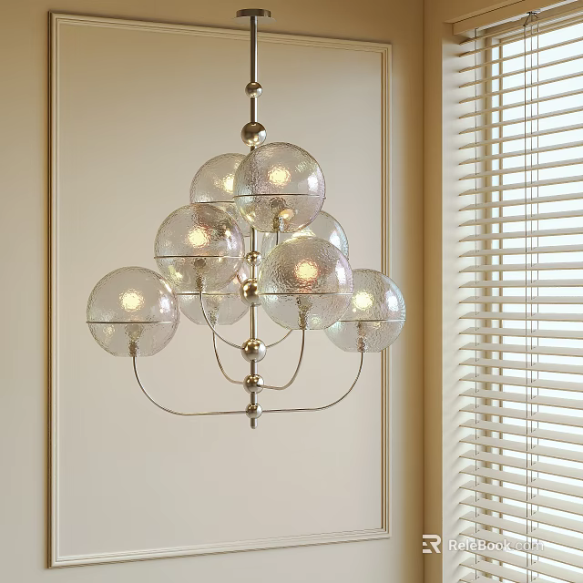 Modern Glass Globe Chandelier With Metal Frame Illuminated In Indoor Living Space 3d model 