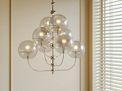 Modern Glass Globe Chandelier With Metal Frame Illuminated In Indoor Living Space 3d model