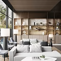 Modern Luxury Sales Office Lounge Space With Comfortable Sofas And Elegant Display Wall Shelves
