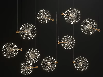 Dandelion Shaped Hanging Chandeliers In Modern Design With Golden Accents And White Light 3d model