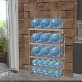 Stainless Steel Multi Tier Storage Rack With Blue Water Jugs In Kitchen Against Brick Wall
