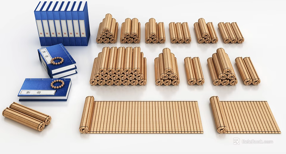 Traditional Books Magazines With Blue Folders And Neatly Stacked Brown Scrolls 3d model 