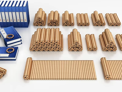 Traditional Books Magazines With Blue Folders And Neatly Stacked Brown Scrolls 3d model