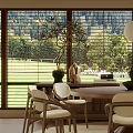 Modern Dining Room With Large Windows And Natural Landscape View 3d model