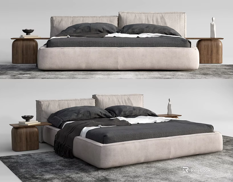 Modern Double Bed Design With Upholstered Headboard Wooden Nightstands And Gray Rug 3d model 
