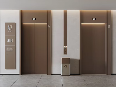 Modern Elevator Lobby With Signage And Trash Bin 3d model