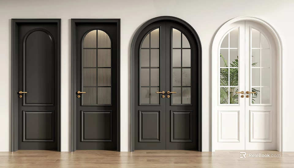 Stylish Black and White Double Doors with Arch Top Glass Panels on Wooden Floor 3d model 