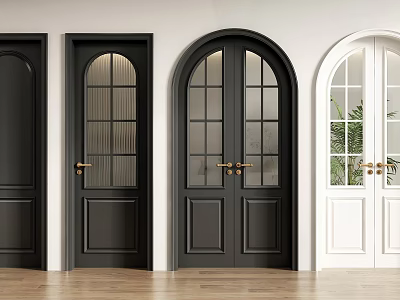 Stylish Black and White Double Doors with Arch Top Glass Panels on Wooden Floor 3d model