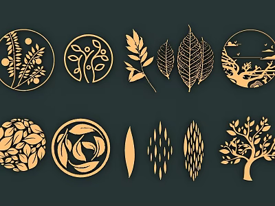 Golden Wall Decor with Various Leaf Tree and Circular Decorative Hangings 3d model