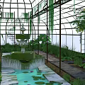 Spacious Glass Greenhouse With Metal Frame And Lush Plants Around Pool