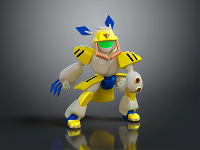 3D Mechanical Creature Character With Yellow White Body Blue Ears And Green Eyes 3d model