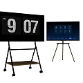 Two Modern TVs Displaying Time And Icon Interface On Rolling Stands 3d model