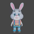 Cute Cartoon Rabbit With Gray Body Pink Ears Blue Eyes Striped Shirt And Blue Overalls