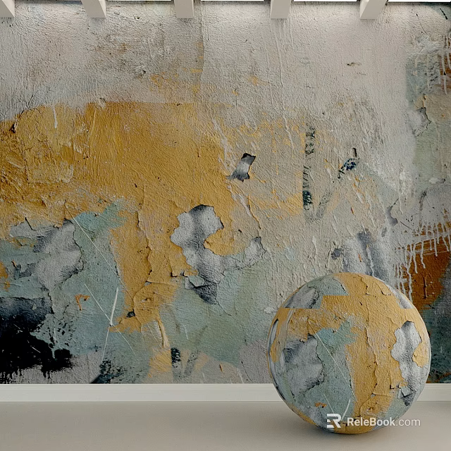Textured Multicolored Wall With Peeling Yellow Gray Blue Tones And Sphere Component 3d model 