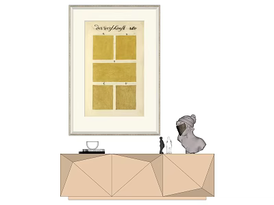 Interior Design Featuring Framed Artwork Golden Squares Modern Cabinet And Dog Sculpture 3d model