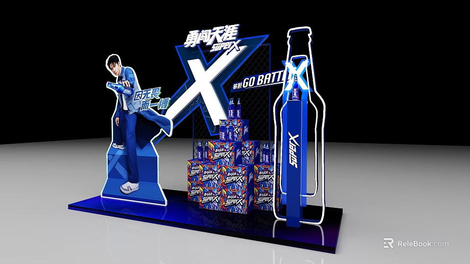 Super BILLION Themed Art Installation Featuring Beer Bottle Shape Human Figure And Stacked Crates 3d model 