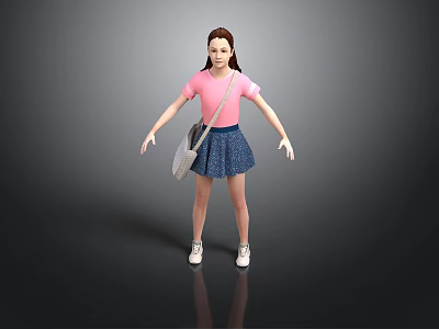 Stylish Everyday Life Essentials With Pink Top Blue Skirt Gray Bag And White Shoes 3d model