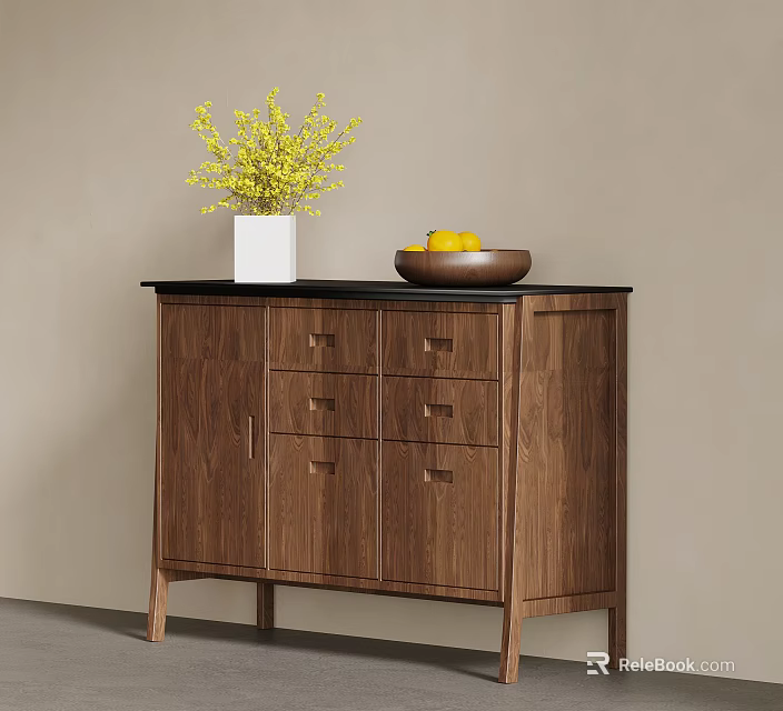 Wooden Sideboard Featuring Black Countertop White Vase Yellow Flowers And Brown Bowl With Yellow Fruits 3d model 