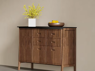 Wooden Sideboard Featuring Black Countertop White Vase Yellow Flowers And Brown Bowl With Yellow Fruits 3d model