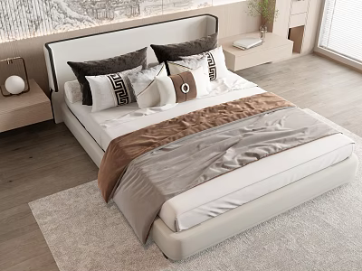 Modern Double Bed With Upholstered Headboard Decorative Pillows Bedside Tables And Soft Rug 3d model