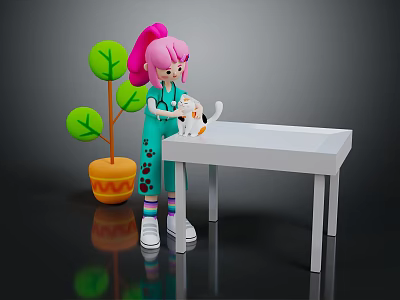 Pink Haired Girl Examining White Cat On White Table With Green Plant 3d model