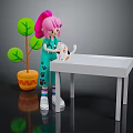 Pink Haired Girl Examining White Cat On White Table With Green Plant