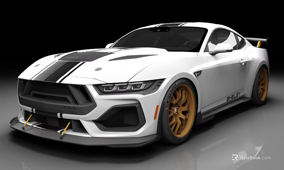 White Mustang Sports Car With Black Stripes Gold Wheels And Sporty Modified Design 3d model 