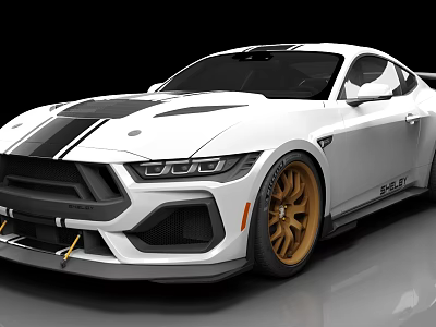 White Mustang Sports Car With Black Stripes Gold Wheels And Sporty Modified Design 3d model