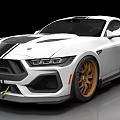 White Mustang Sports Car With Black Stripes Gold Wheels And Sporty Modified Design