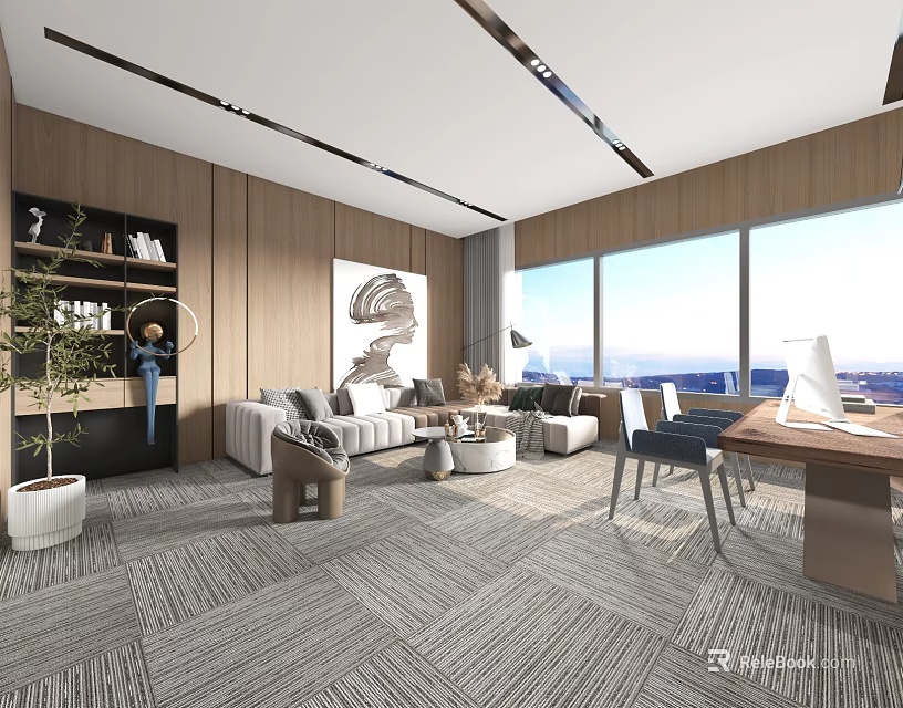 Spacious Modern Office Interior With Sofa Desk Large Windows Carpet And Bookshelf 3d model