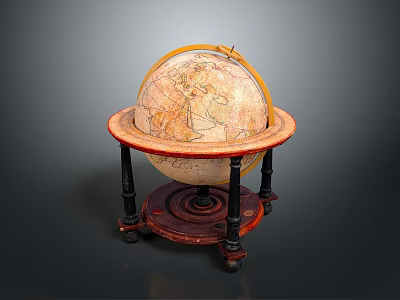 Vintage Decorative Ornament Set Featuring Globe with Wooden Red Black Stand 3d model
