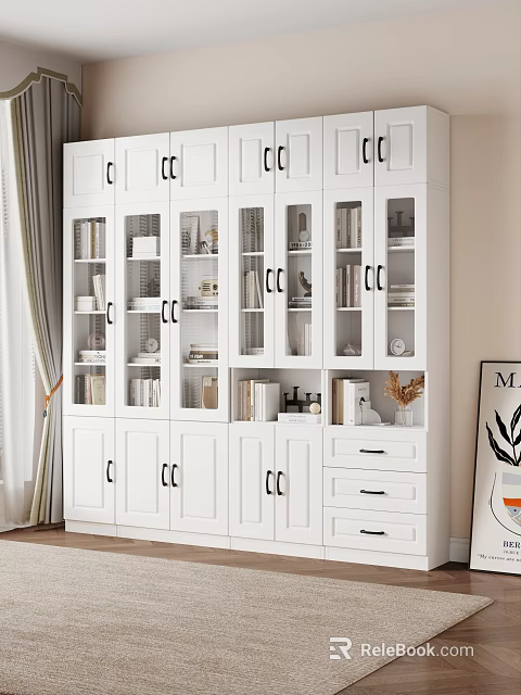 White Bookcase with Glass Doors Cabinets and Drawers in Living Room with Curtain and Painting 3d model 