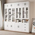 White Bookcase with Glass Doors Cabinets and Drawers in Living Room with Curtain and Painting