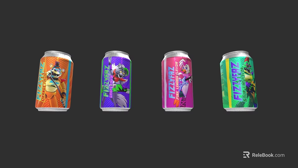Fun Doll Characters On FIZZAZZ Drink Cans With Vibrant Orange Purple Pink Green Designs 3d model 