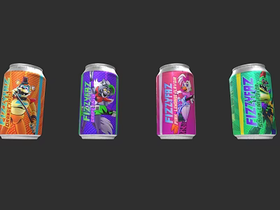 Fun Doll Characters On FIZZAZZ Drink Cans With Vibrant Orange Purple Pink Green Designs 3d model