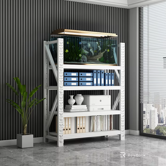 Multitier Storage Shelf with Fish Tank Blue Folders White Vases and Books near Green Plant 3d model 