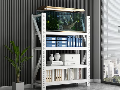 Multitier Storage Shelf with Fish Tank Blue Folders White Vases and Books near Green Plant 3d model